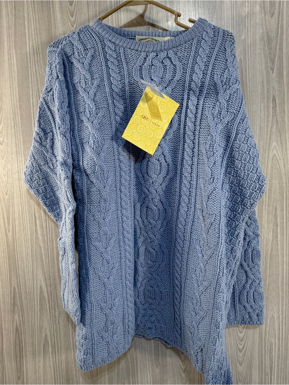 Aran Crafts Merino Wool Baby Blue Cable Knit Tunic Crew Neck Sweater Sz L Women